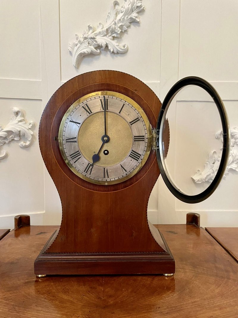 Large Antique Edwardian Inlaid Mahogany Balloon Shaped Mantel Clock - Image 6